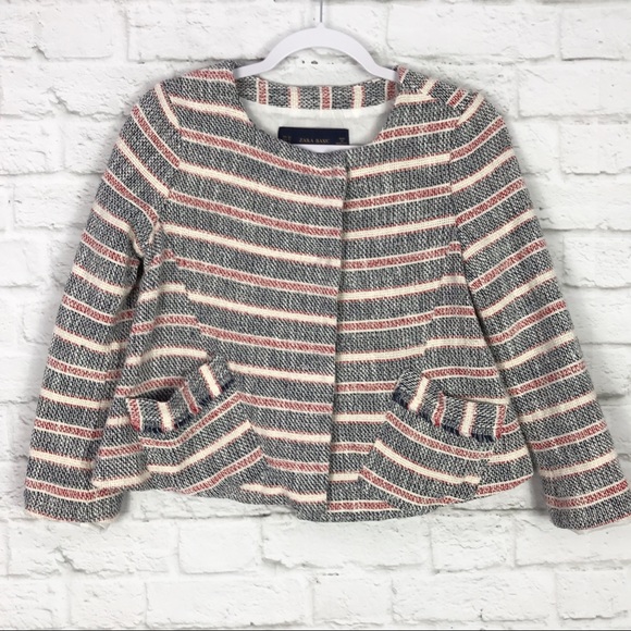 Zara Jackets & Blazers - Zara Basic XS Tweed Knit Striped Navy / Red Blazer